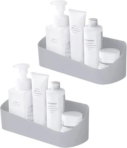 SUNFICON 2 Pack Grey Adhesive Shower Caddy Basket Bathroom Shelf Organiser Wall Mounted Spices Storage Rack No Drilling Shower Shelf Bath Essentials Makeups Shampoo Holder with 4 Clear Adhesives