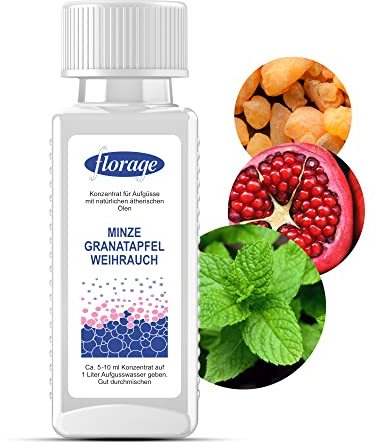 Florage 100ml Saunaaufguss MINZE GRANATAPFEL WEIHRAUCH - 50 Jahre Erfahrung als deutsche Duftmanufaktur, hochergiebiges Aufgussmittel für die Sauna, viele Aufguss Düfte, vegan und ohne Tierversuche
