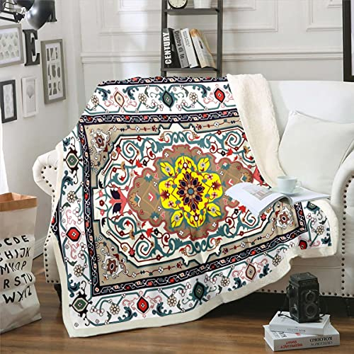 Persische Kunst Decke 100x130 Oriental Decke Werfen für Bett Sofa Couch,Jahrgang Medaillon Fleece Decke für Frauen Mädchen Jugend Erwachsene,Böhmische Mandala Fuzzy Decke Weiß Schlafzimmer Dekor