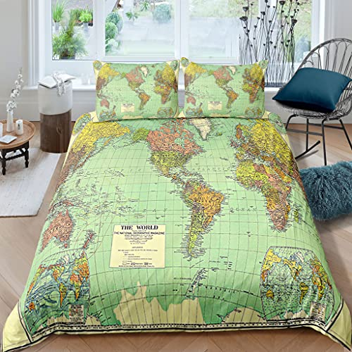 XPINGO Kinder Bettwäsche Weltkarte 135x200 cm 2teilig Jungen und Mädchen 100% Mikrofaser Sommer Weiche Winter Warm Bettbezüge 3D Alte Karte Bettbezug mit Kissenbezüge 80x80 cm
