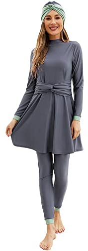 IMEKIS Damen 3tlg Modest Bademode Muslimischen Badebekleidung Islamischen Arabischen Badeanzug Langarm Tankini mit Hijab voller Abdeckung Burkini Schwimmanzug Grau XL
