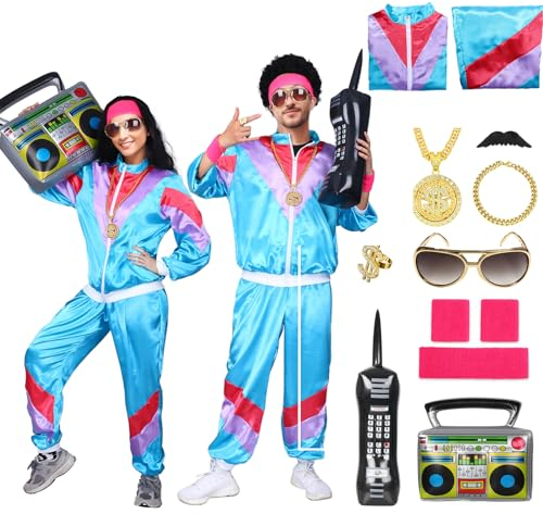 Amycute 80er Jahre Outfit Herren Damen, 80er Trainingsanzug, Jogginganzug 80er Jahre, 80er Jahre Accessoires, Faschingskostüme, Karneval kostüm für 80er 90er Jahre Themenparty.