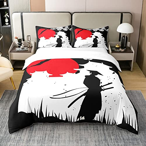 Samurai 100% Bio-Baumwolle Bettbezug,Sunset Bettwäsche Set,Japan Tröster Bezug,Gebäude Silhouette Breathable Steppdeckenbezug mit Reißverschluss 1 Bettbezug mit 1 Kissenbezug 135x200