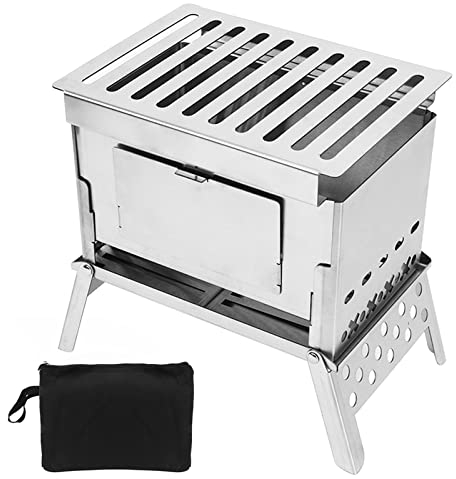 Tomotato Fornello da Campeggio Pieghevole a Legna, Piccolo Fornello da Campeggio in Acciaio Inossidabile Fornello da Campeggio Portatile per Barbecue con Griglia per Campeggio, Escursionismo, Picnic
