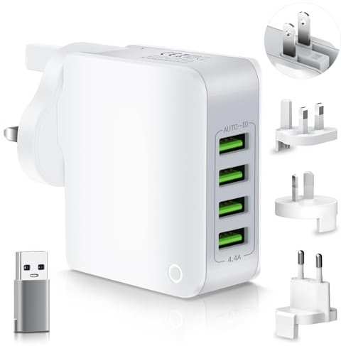 Universal Travel Adapter Worldwide,4 USB Charger Plug Adaptor,22W 5V/4.4A Multi USB International Travel Adaptor UK to European EU US AUS Japan Plug for iPhone,iPad,Android,Tablet