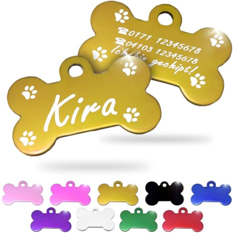 Ibera gifts - Hundemarke mit Gravur und personalisierte Hundemarke in Knochenform für kleine bis mittelgroße Hunde und Katzen (Gold, Pfoten)
