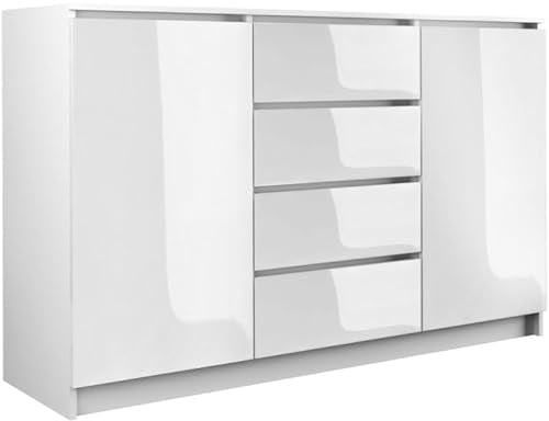 roe furniture Kommode mit 4 Schubladen & 2 Schränke - Modern Schubladenschrank - Komodenschrank - Schubladenkommode 140 cm Breit - Weiß Hochglanz