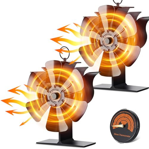 Viitech 2 Pcs Silent Log Burner Fan with Thermometer, Wood Stove Fan for Fireplace, Increased Efficiency