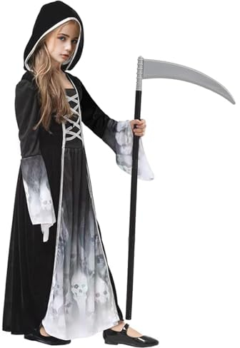 Deguisement Faucheuse Fille Halloween - Costume Faucheuse Squelette Enfant avec Faux pour Halloween Déguisement Carnaval Cosplay Fête Robe de Sorcière (L (7-9 ans))