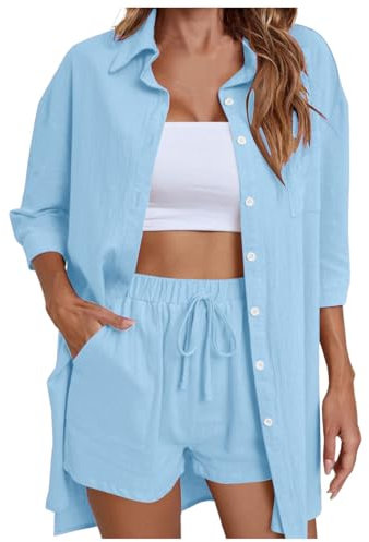GFPGNDFHG Two-Piece Shirt and Shorts Women's Summer Muslin Blouse Elegant Beach Holiday Lounge sport outfit damen oberteil festival damen festival hose schlaghose damen sommer sachen damen teveo