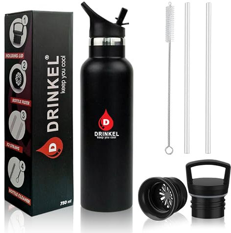 D Drinkel Bouteille d'eau en acier inoxydable avec paille - Bouteille d'eau isotherme pour le froid et le chaud - Sans BPA - Anti-fuite avec couvercle supplémentaire - 750 ml - Noir
