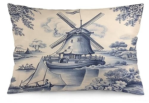 Kissenbezüge Niedliche Vintage Holländische Windmühle Segelboot Delft Blau Ländlichen Bauernhof Kopfkissenbezug Gemütliche Kissen Fall Moderne Zierkissenbezug Für Bett Wohnzimmer 40x60cm