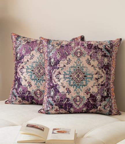 Vorysum 2er Set Kissenbezug 50x50 cm Boho Lila Dekokissen Vintage Kissenbezüge Abstrakte Kissenhülle Kunst Sofakissen Modern Zierkissenbezüge für Garten Sofa Bett Dekorative Kissenhüllen