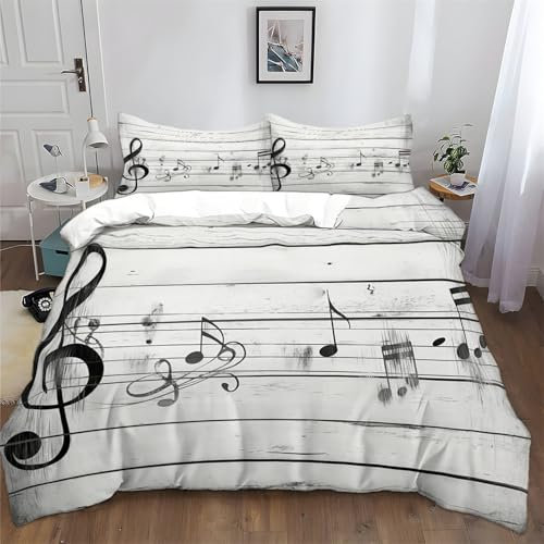 Srigzcaly 3D Bettwäsche Musiknote Holzmaserung Bettbezug Set 135 x 200 cm + Kissenbezug 80x80 cm Grau Mikrofaser Wendebettwäsche 3 Teilig mit Reißveschluss