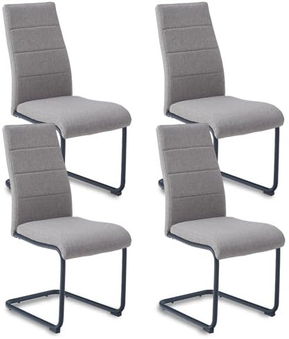Weegstok Dining Chairs Set of 4 Modern Soft Linen Look Fabric Upholstered Chairs with Sturdy Cantilever Base Metal Legs for Kitchen, Dining Room, Living Room, Office (4, Mid Grey)