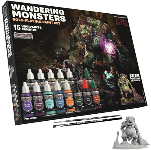The Army Painter, GameMaster: Wandering Monsters Set Combo, 15x18 ml Fanatic Acrylic Paints, incl. Metallics, Wash, Primer, 2 Brushes, 1 Miniature - Warhammer & Dnd