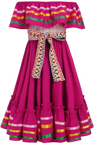 EFOGEP Mexican Dress for Girls Traditional Folk Ruffle Drape Dress with Belt Off Shoulder Cinco De Mayo Folklorico Fiesta Carnival Party Dresses