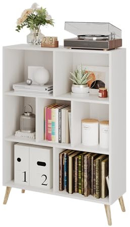 MUTUN Bücherschrank, Bücherregal mit 7 Fächern, Raumtrenner Regal, Würfelregal Weiß, Aktenregal, Stufenregal, Regalschrank, Manga Regal, Bücherregal Kinder, Weiß