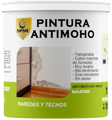 SPSIL Pintura Antimoho - Previene la aparición de moho - Idel para cocina, baño, garaje - Uso Interior/Exterior - Sin olor desagradable - Secado en 2h (Blanco) (1 Kg)