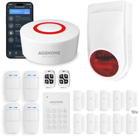 AGSHOME+ Allarme Casa Senza Fili con Sirena Esterna, Antifurto casa, Sistemi di Allarme per Porte, Notifiche Smart tramite App, Kit da 19 Pezzi, Allarme WiFi, Sensore di Movimento per Porte e Fi