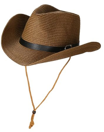Straw Cowboy Hat for Women Men Womens Cowboy Hat Classic Western Cowgirl Cowboy Hat Women with Belt Sun Hats with Wide Brim Vintage Style for Women Men (UK, Alpha, One Size, Coffee)