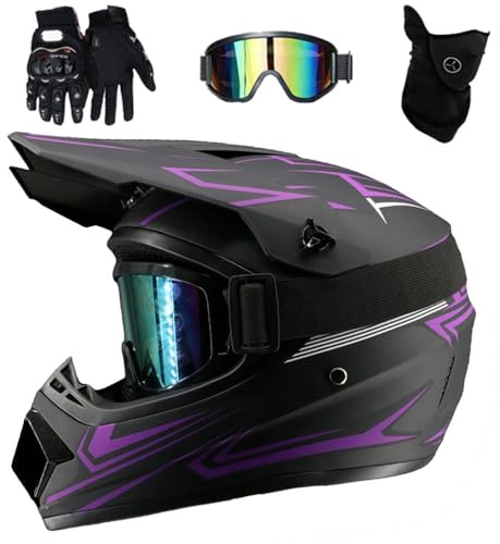 Erwachsene Volles Gesicht Offroad MTB Motorrad Helm Satz, 4-teiliges Set, mit Brille Handschuhe Maske, Jugend Kind Vollgesichtig MTB Offroad Straße ATV Motorrad Helm, DOT Zertifiziert(Type 3,L(56-57cm