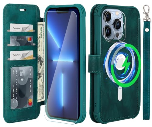 VANAVAGY Wallet Case for iPhone 13 Pro for Magsafe,Midnight Green | PU Leather Flip,Slim,12ft Drop Protection,RFID Blocking Card Holder,Magsafe Wireless Charging,Includes Screen Protector