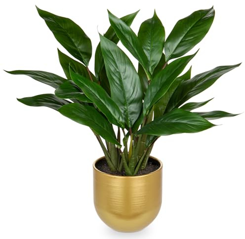 Briful 16.9 Artificial Plants Indoor in Gold Pot - Calathea Makoyana Fake Plants in Gold Metal Pot - Maranta Decorative Artificial Greenery for Home Office Bathroom Decor