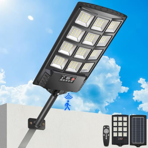 PEAKRO Lampadaire Solaire Exterieur 400W, 6000K Lumière Solaire Exterieur avec Télécommande, IP67 Étanche Spot Solaire Detecteur de Mouvement, Projecteur Solaire Puissant pour Rue, Jardin, Garage - 1