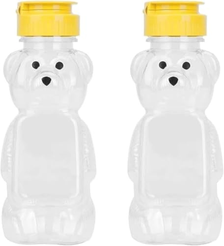 Zhhuoc 2Pcs Yellow 8 Oz Plastic Bear Honey Bottle Jars, Empty Honey Squeeze Bottle with Flip-top Lid for Storing and Dispensing, Flap Caps for Storing Garlic