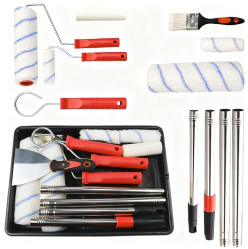 Paint Roller Set Paint Rollers and Trays Sets with Extension Pole, Microfiber Roller Cover for Painting Walls, Ceiling, Doors, Trim (Red)