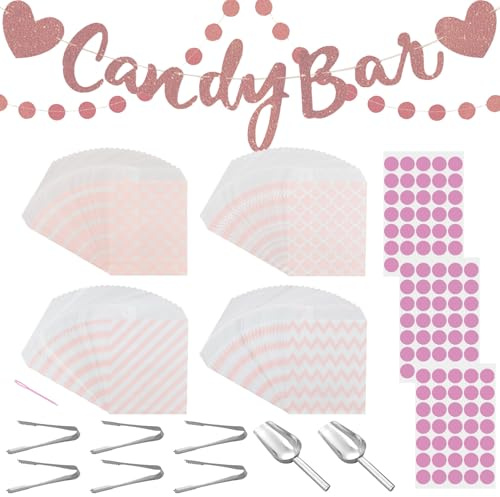 113 Candy Party Zubehör Set, Candy Bar Party Dekorationen, enthält 100 Candy Bags, 3 Blätter Aufkleber, 2 dekorative Girlanden, 6 Zuckerzangen, 2 Eisportionierer für Geburtstag, Festival