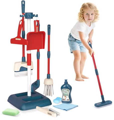 Jenilily Kit de Nettoyage pour Enfants, Balai à Long Manche, Pelle à poussière, balayette, serpillère avec Support, Balai pour Enfants à partir de 3 Ans