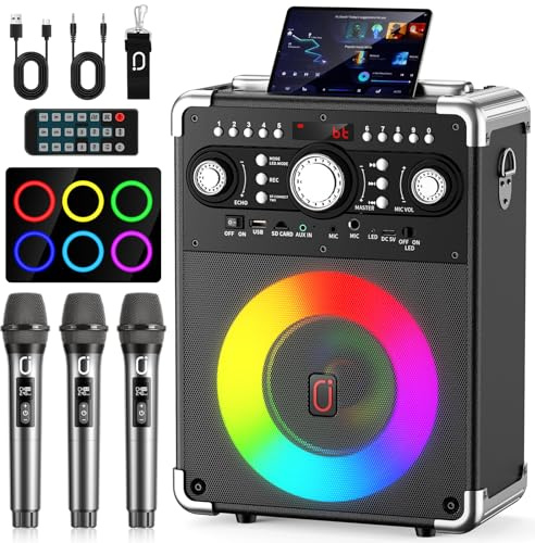 HWWR Karaoke Machine with 3 Wireless Mics,Bluetooth Speaker for Adult | 5.25 Woofer, Bluetooth 5.3, Echo, DJ light, TWS, REC, Remote, USB/TF/AUX, PA System for Home/Outdoor Party Night, Garden BBQ