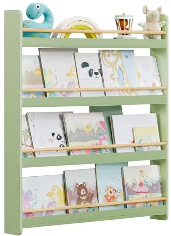 SONGMICS Bücherregal Kinder, mit 4 Ebenen, Spielzeugregal | Kinderregal, Wandregal, für Kinderzimmer, Spielzimmer, lorbeergrün-naturfarben, TEZA Kollektion GKR014CE02