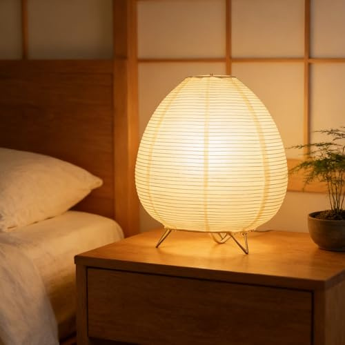 VEGOATY Reispapier Lampenschirm: Reispapier Lampe mit Weiß Schirm und Europäischer Standardstecker, Druckknopfschalter Retro Reispapier Nachttischlampe für Schlafzimmer und Wohnzimmer (23 x 21CM)