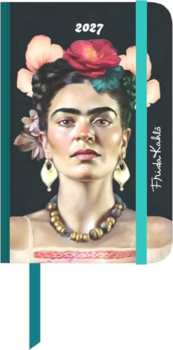 Frida Kahlo Buchkalender 2027: Taschenkalender 9x14 cm - Wochenplaner mit Elastik-Verschlussband, Leseband, Falttasche & Platz für Notizen, für Beruf, Schule & Alltag