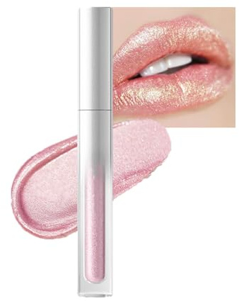 Diamond Glitter Lip Gloss, Metallic Pink Liquid Lip Stain, Pink Shimmer Liquid Lipstick Waterproof Non-Stick Cup Sparkle Shiny Lip Plumper Tinted Lip Balm for Women