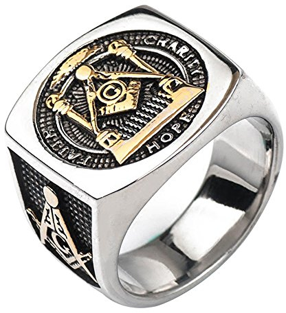 Vintage Breit Titan Edelstahl Freimaurer Ring mit Platz G Säulen Alles sehende Auge Bicolor Master Mason Illuminati Schmuck für Herren Damen Gold Ton Größe 59