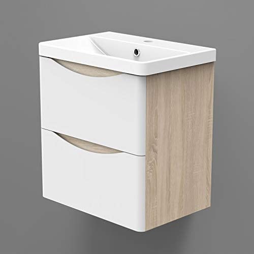 Xinyang Meuble sous Vasque Moderne，Meuble Lave-Mains à Suspendre avec lavabo, Meuble de Rangement, Blanc et Bois Clair 2 tiroirs 50cm