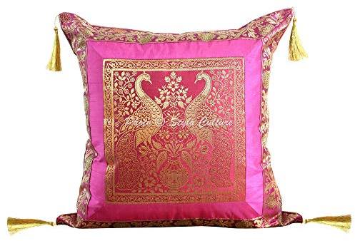 Stylo Culture Bohemien Dekorativ Brokat Seide Couch Kissenbezüge 45x45 cm Magenta Pink Dekokissen Jacquard Quasten Schlafzimmer Sofa kopfkissenbezug Pfau Quadrat Reißverschluss Kissenhullen - 1 STK.