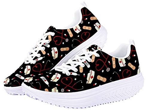chaqlin Damen Plattform Schuhe niedlichen Krankenschwester Muster Turnschuhe Outdoor Sport Gym Running Walking Trainer leichte Höhe Abnehmen Schuhe schwar 39 EU