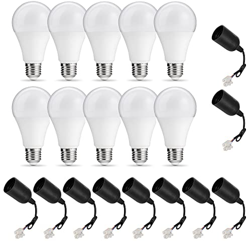 PerfectHD 10x Baufassung Set | E27 | LED Birne 15W | 1250 Lumen 4000K | Renovierfassung Lampenfassung Baustellenfassung | 11 cm Anschlussleitung | inkl. Aufhänger | 5 Stück