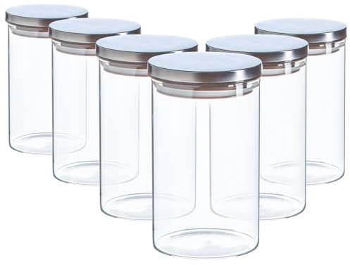 Argon Tableware Scandi Storage Jars with Metallic Silver Lids - 1000ml - 6 Pack - Modern Round Organisation Container Glass Jar for Kitchens, Pantry, Bathrooms, Utility Rooms