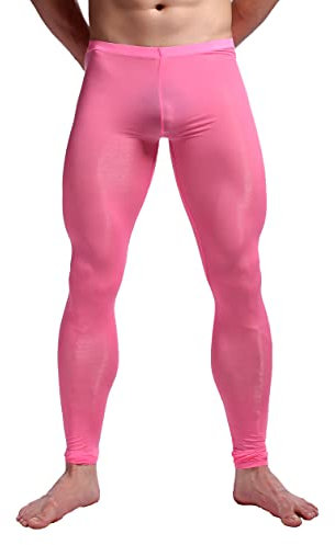 FEESHOW Collant Homme Pantalon de Compression Legging Sport Fitness Maille Transparent Sexy Legging sous-vêtement Thermique Plaisir Lingerie de Nuit Rose B XL