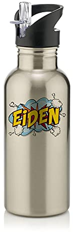 Getagift Personalised with Any Name Comic Pop Art Themed Gift for Children, Kids, Girls/Boys, Back to School, Birthday Present Stainless Steel 600ml Water Bottle with Straw. (Silver)