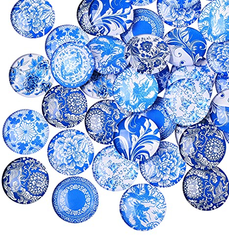 BEEFLYING 50 Stück Blau Und Weiß Bedruckte Glascabochons Flat Back Dome Cabochons Halbrunde Glascabochons für Circle Bezel Tray Setting