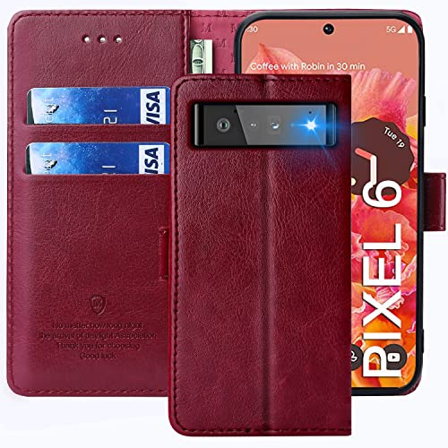 FMPCUON Hülle für Google Pixel 6 Handyhülle [Standfunktion] [Kartenfach] [Magnetverschluss] Tasche Flip Case Schutzhülle lederhülle klapphülle für Google Pixel 6 Rot