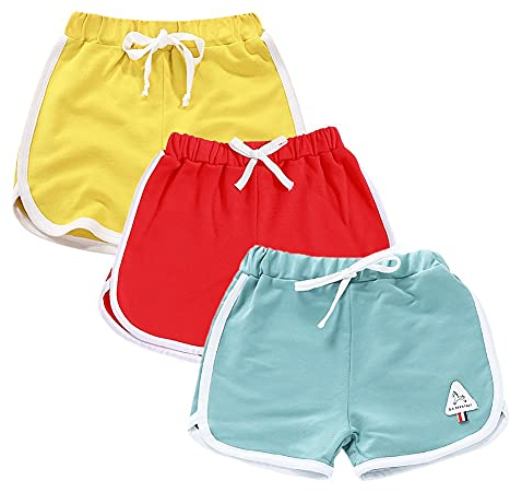 Rolanko Mädchen Gym Kurze Hose, Baumwolle Sommer Heiß Kurze Running Hosen, Kinder aktive Sport Bekleidung zum Tanzen und Yoga, 3 Packungen (Gelb Rot Grün, Größe:170, 13-15 Jahre)