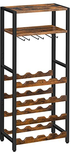 HOOBRO Weinregal, Flaschenregal für 16 Flaschen Wein, freistehendes Weinregal mit Tischplatte und Weinglashalter, für Küche, Bar, Restaurant usw, Dunkelbraun-Schwarz EBF04JJ01